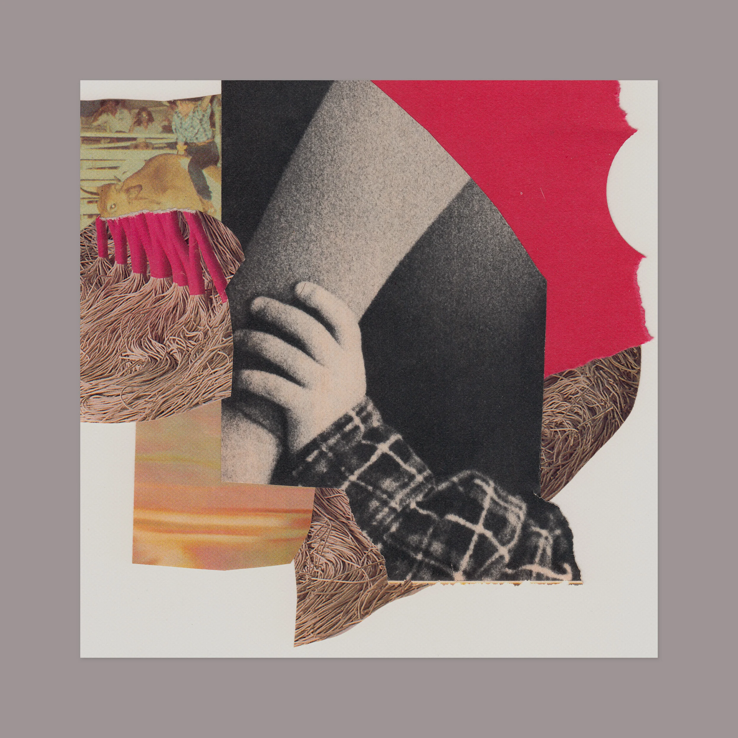 Preliminary collage for a booklet. 12” x 12” (shown against a grey matte), magazine scraps on paper.