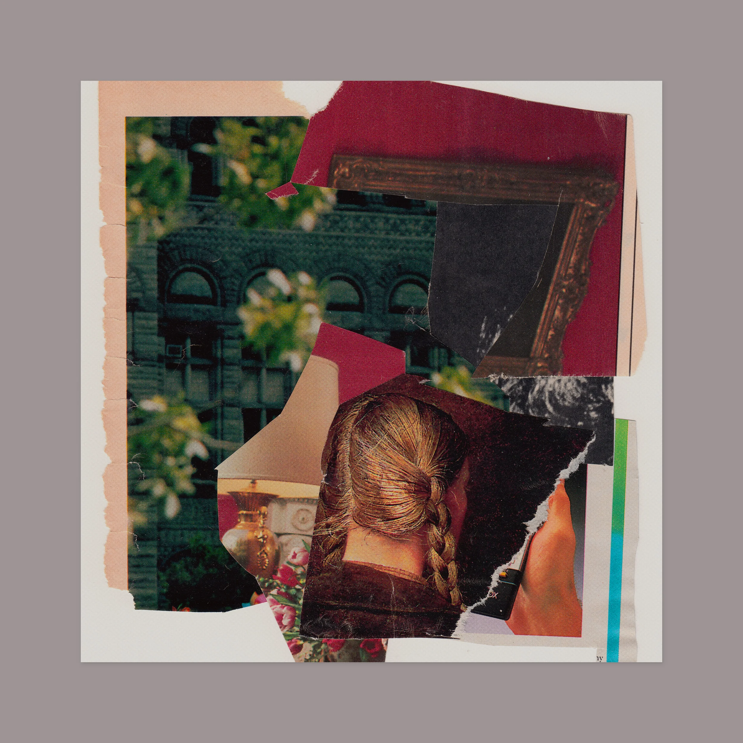 Preliminary collage for a booklet. 12” x 12” (shown against a grey matte), magazine scraps on paper.