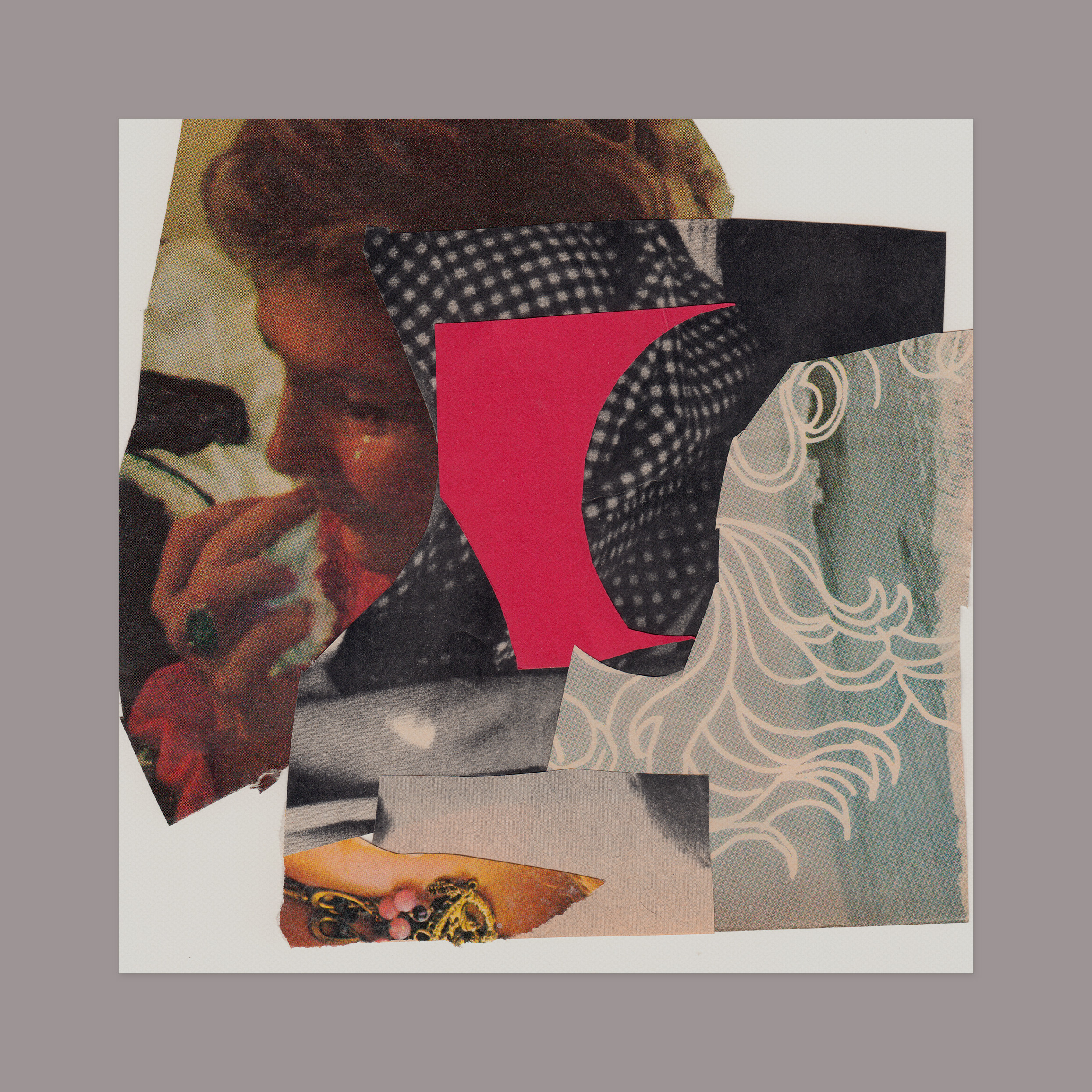 Preliminary collage for a booklet. 12” x 12” (shown against a grey matte), magazine scraps on paper.