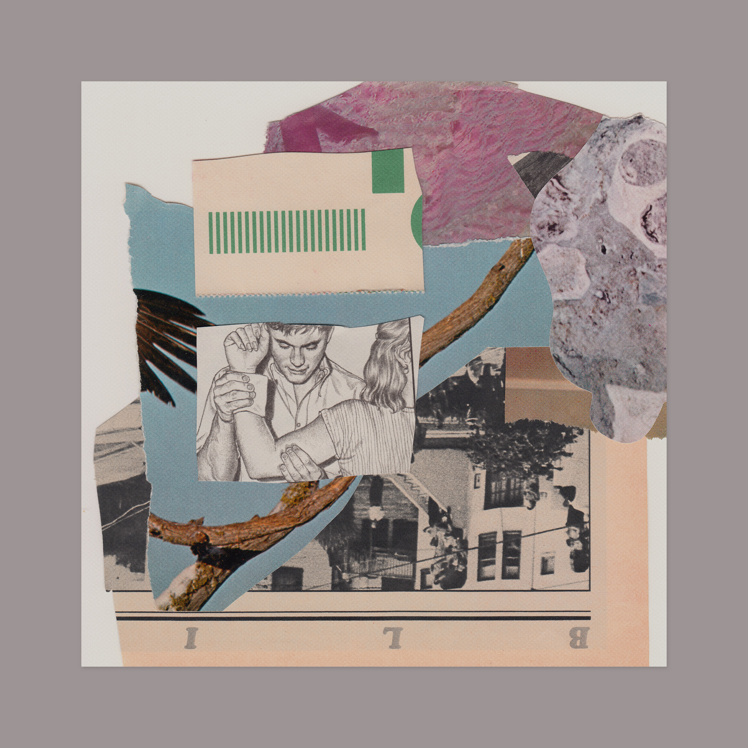 Preliminary collage for a booklet. 12” x 12” (shown against a grey matte), magazine scraps on paper.