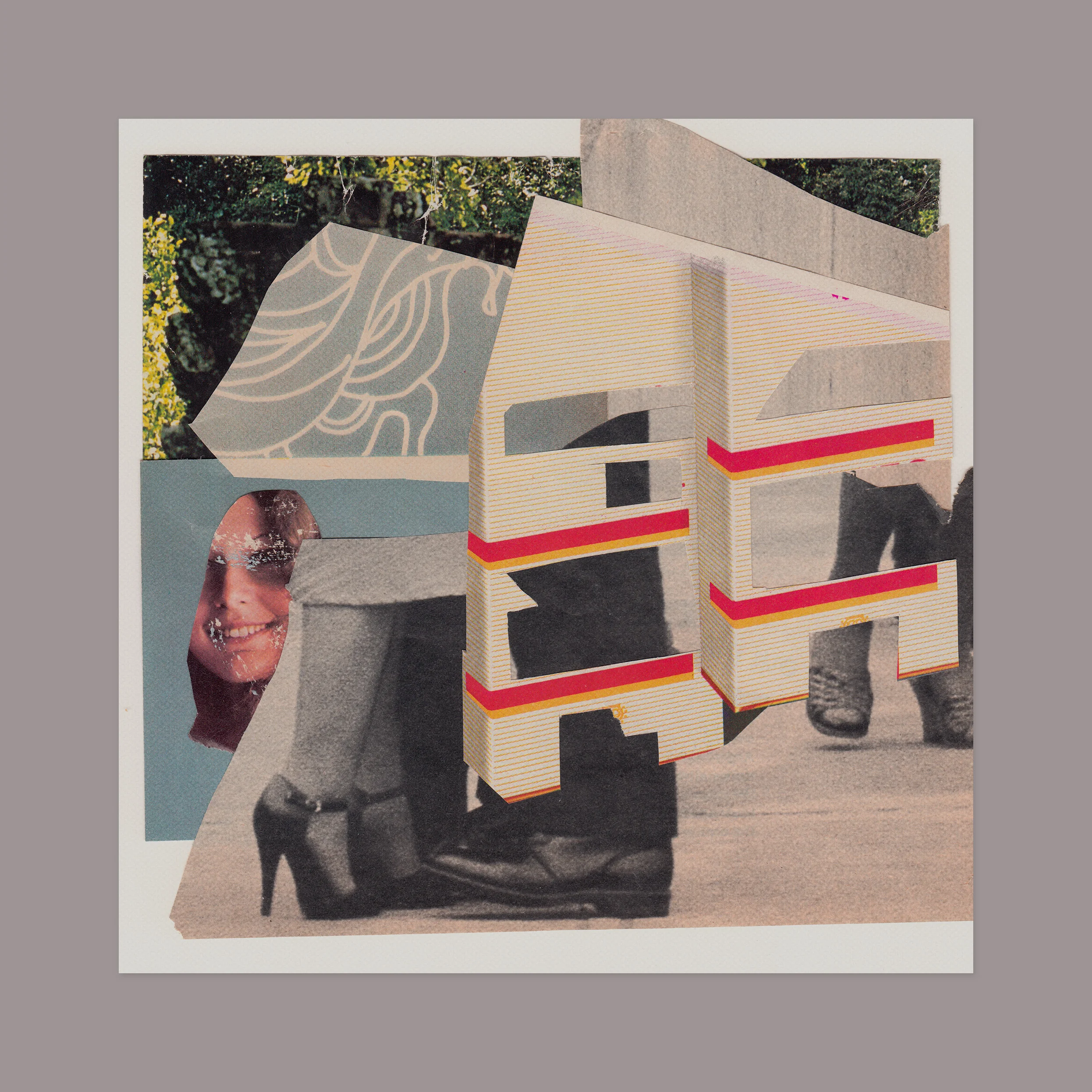 Preliminary collage for a booklet. 12” x 12” (shown against a grey matte), magazine scraps on paper.