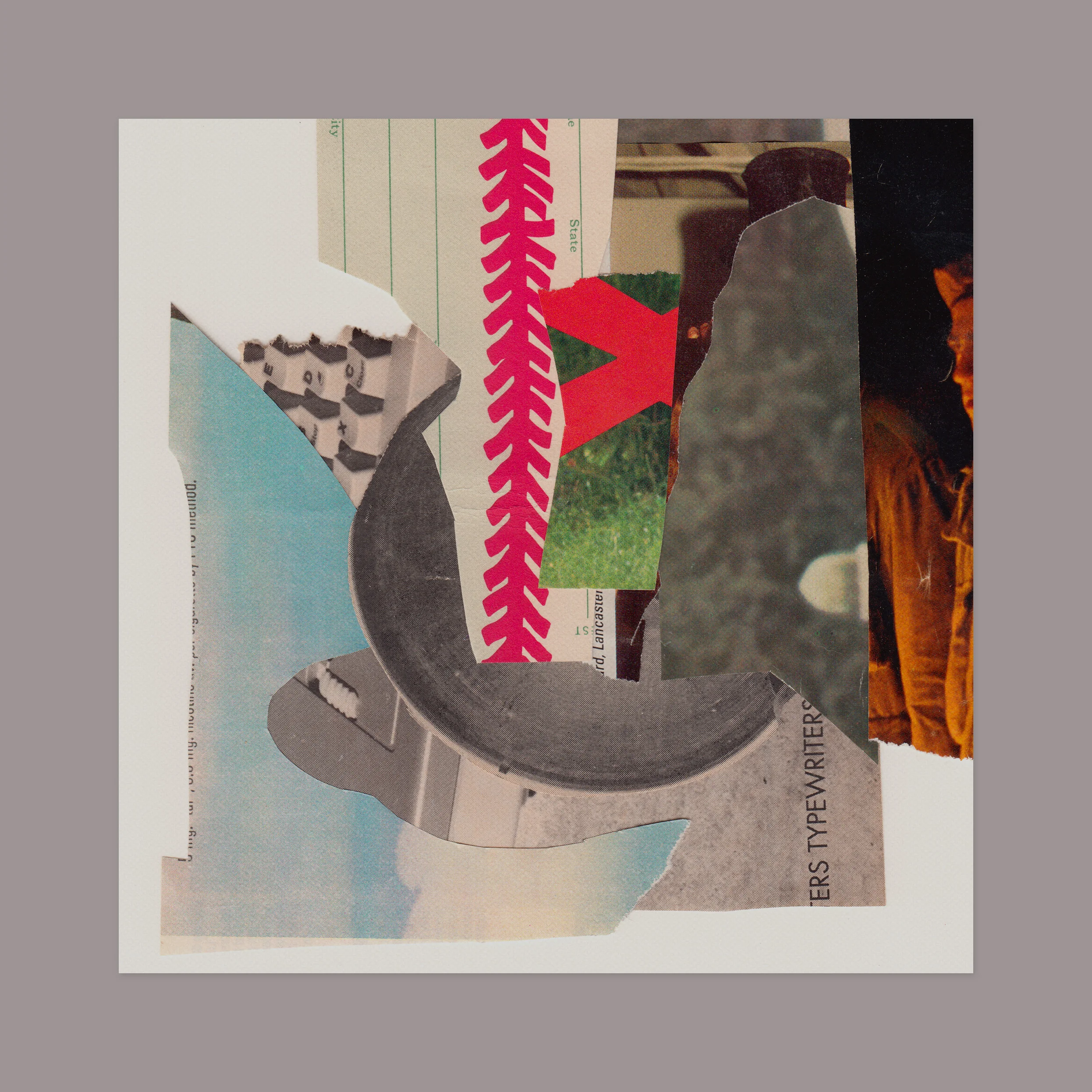 Preliminary collage for a booklet. 12” x 12” (shown against a grey matte), magazine scraps on paper.