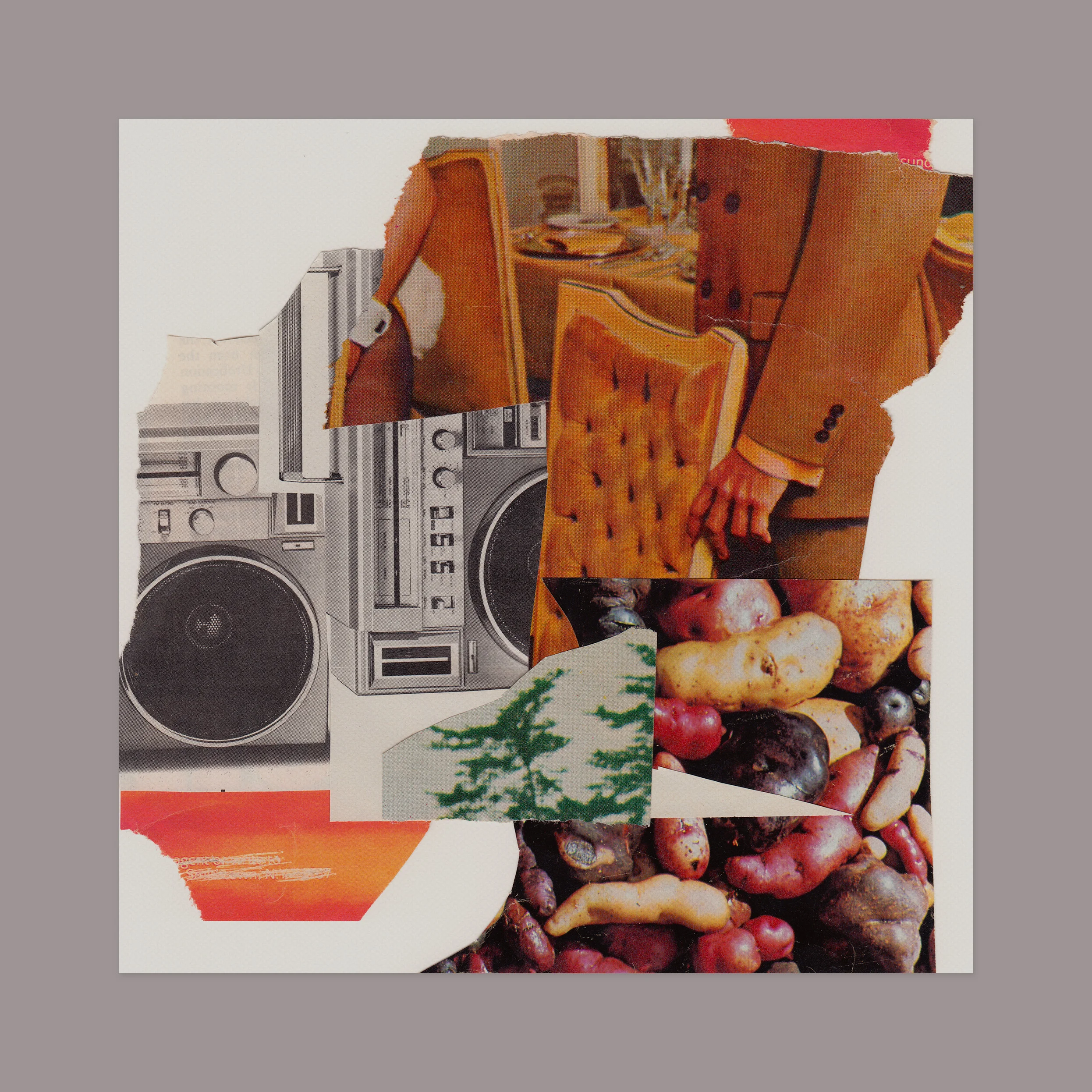 Preliminary collage for a booklet. 12” x 12” (shown against a grey matte), magazine scraps on paper.