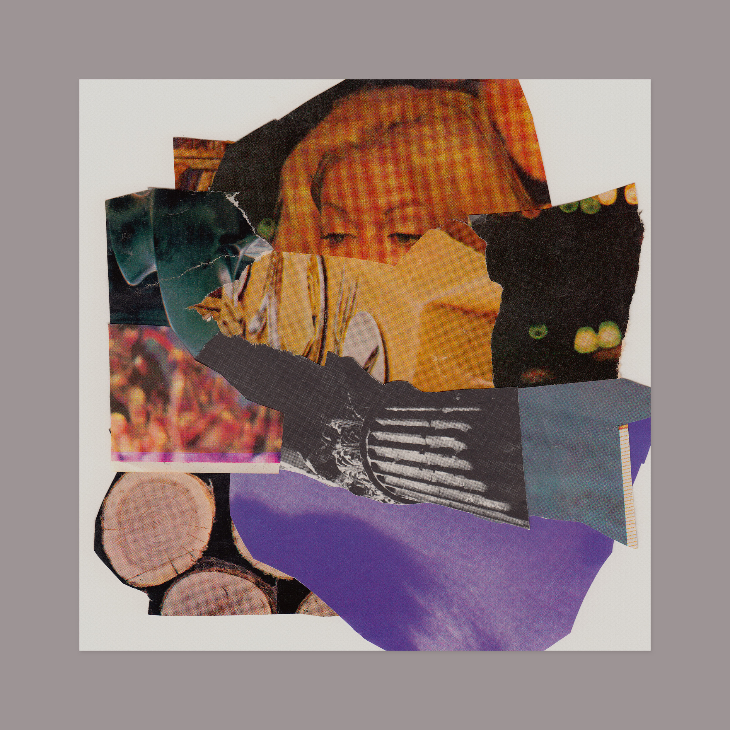 Preliminary collage for a booklet. 12” x 12” (shown against a grey matte), magazine scraps on paper.