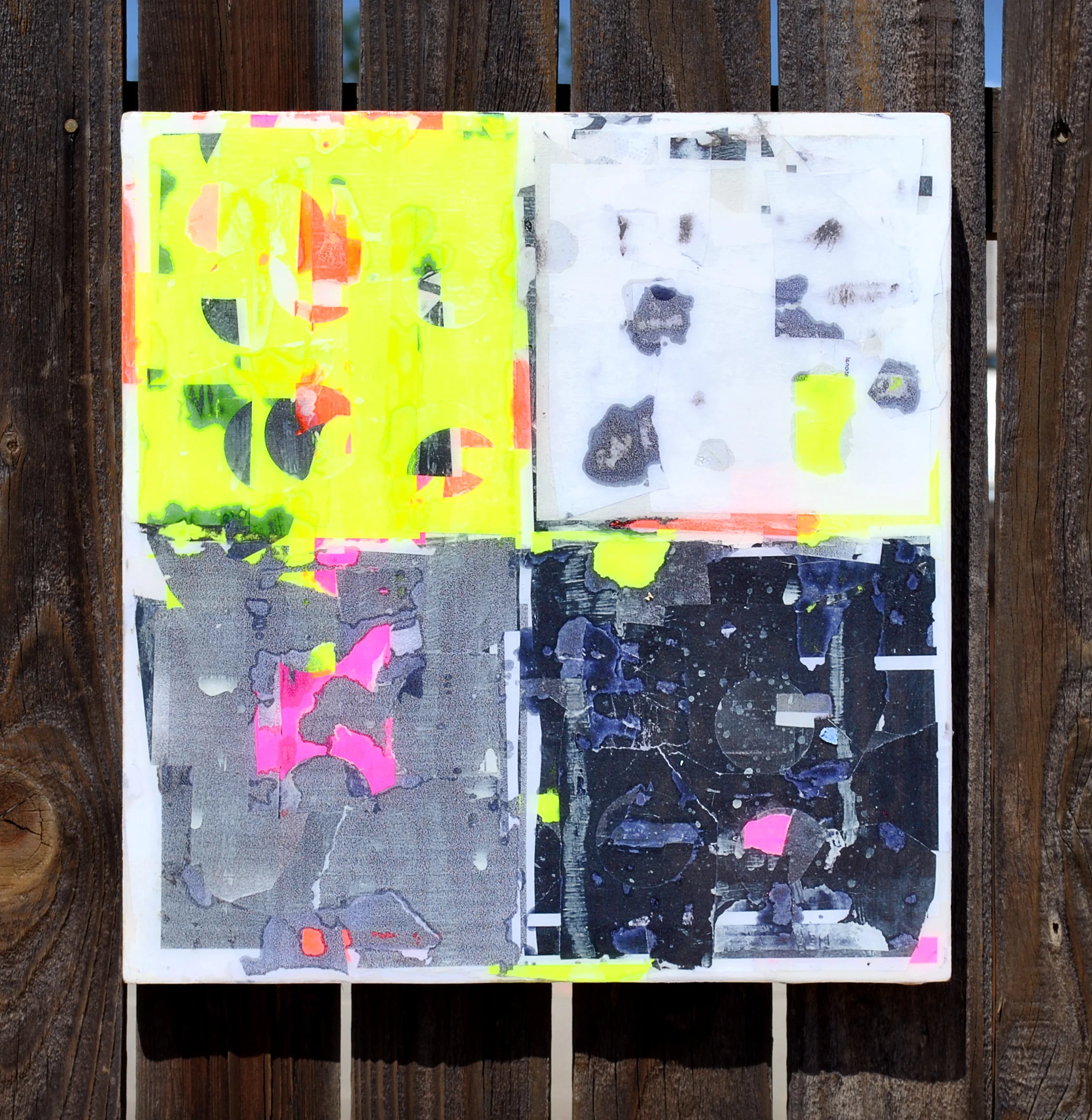 various paper types, on recycled particle board, coated in resin.