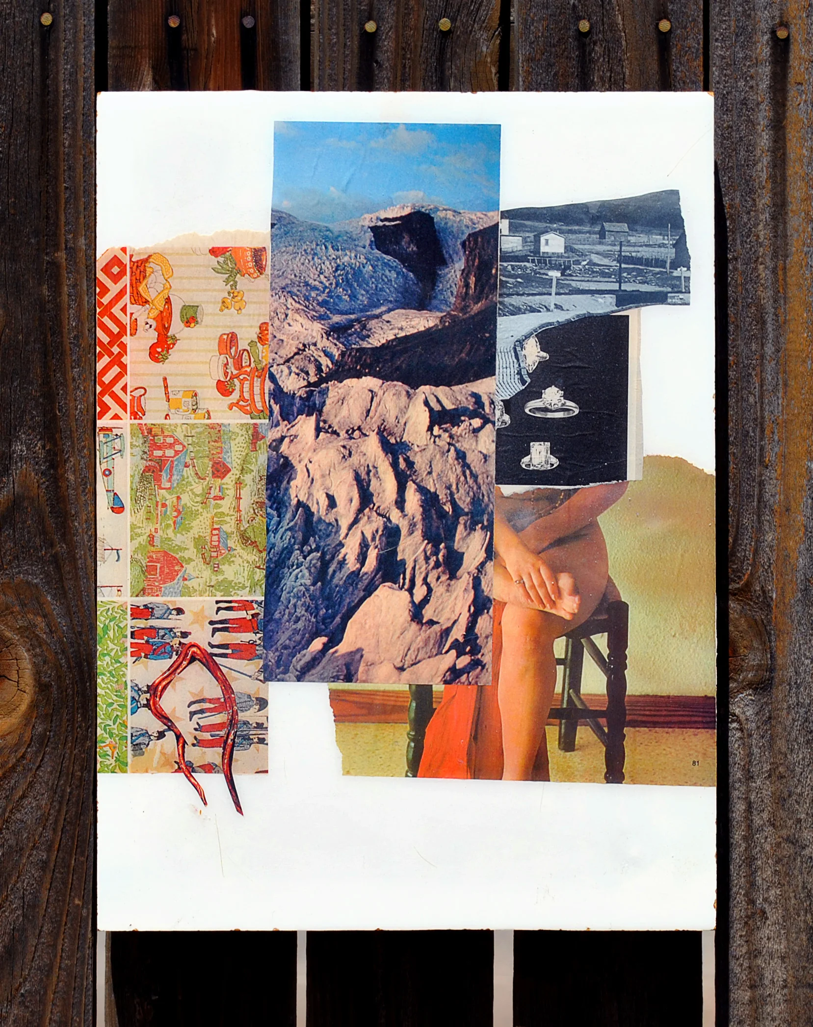 magazine scraps on particle board, coated in resin