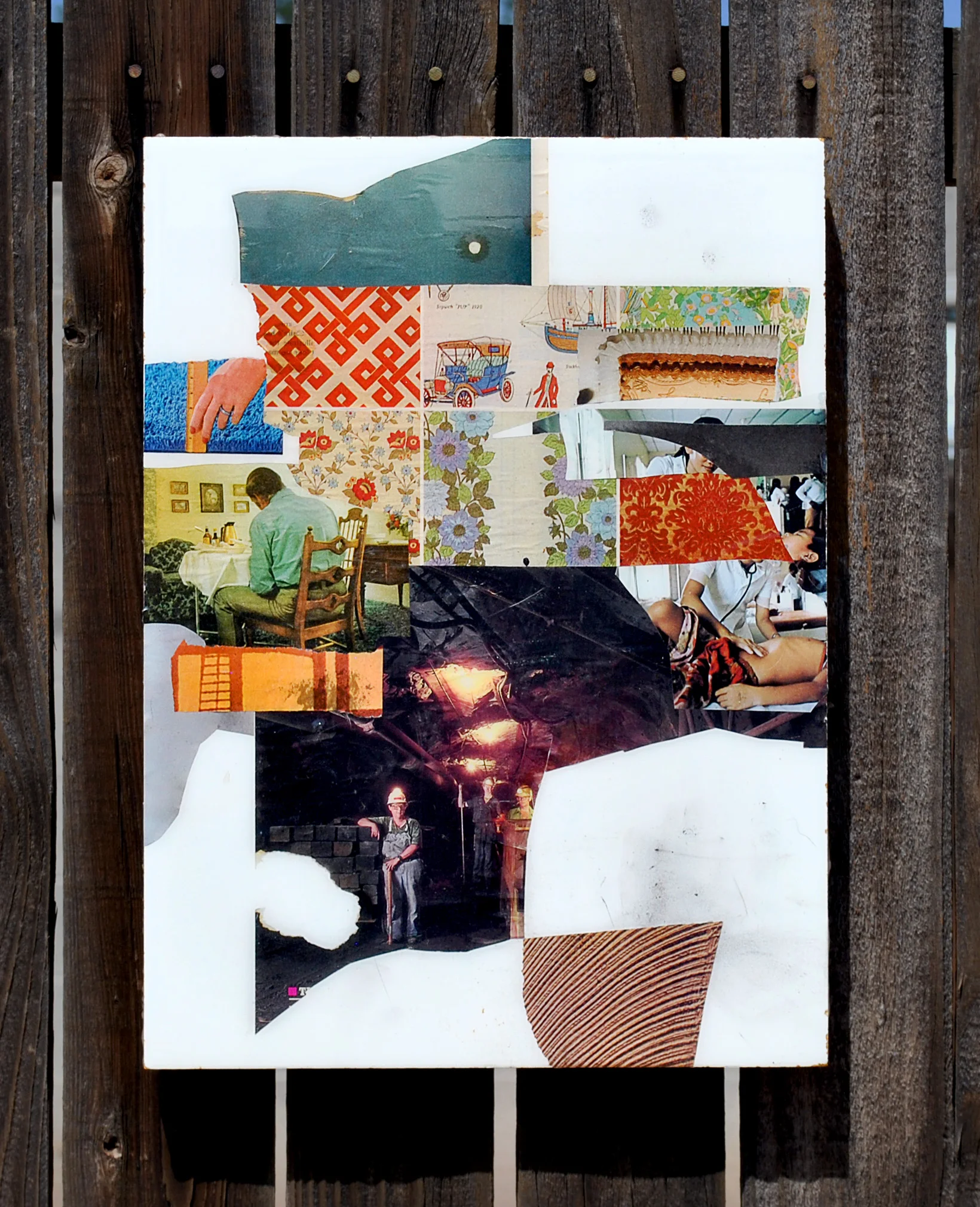 magazine scraps on particle board, coated in resin