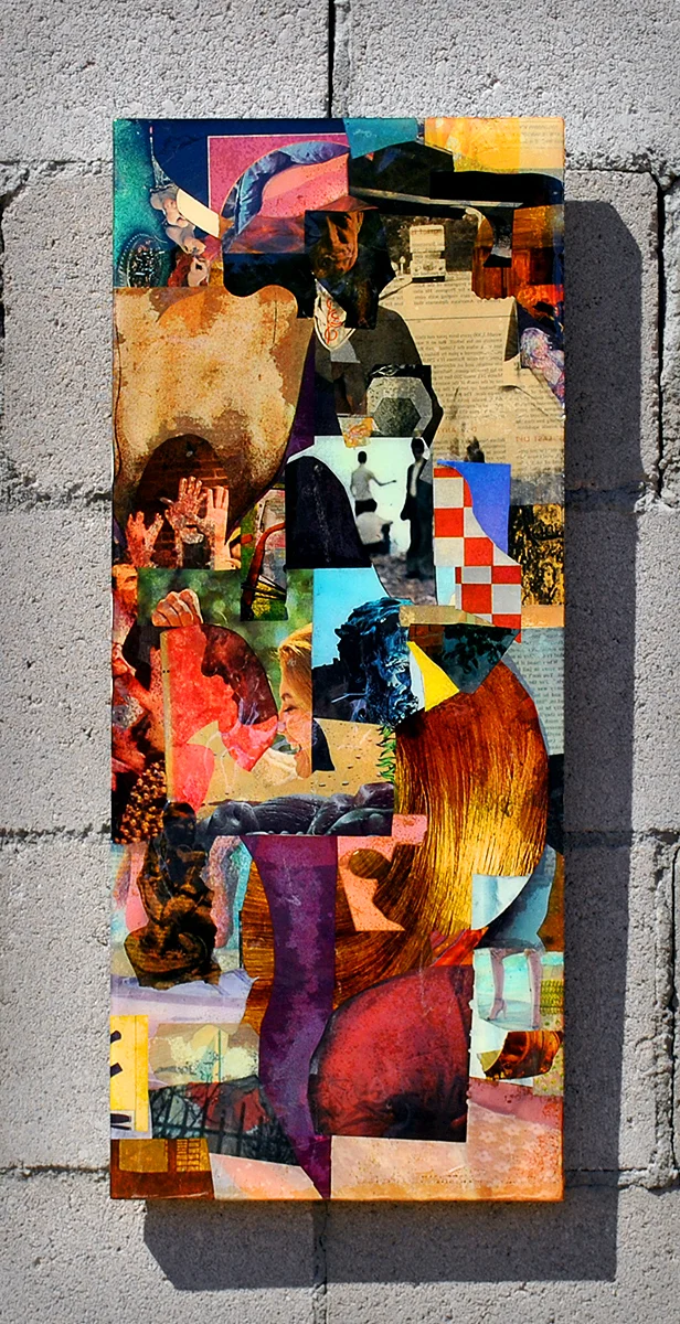 magazine scraps on particle board, coated in resin