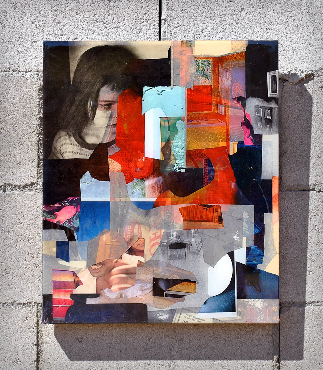 magazine scraps on particle board, coated in resin