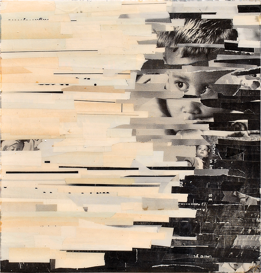 scraps of paper on wood, coated in resin.