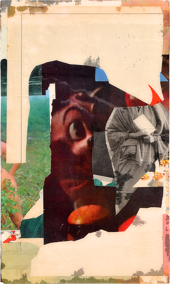 paper scraps and resin on wood