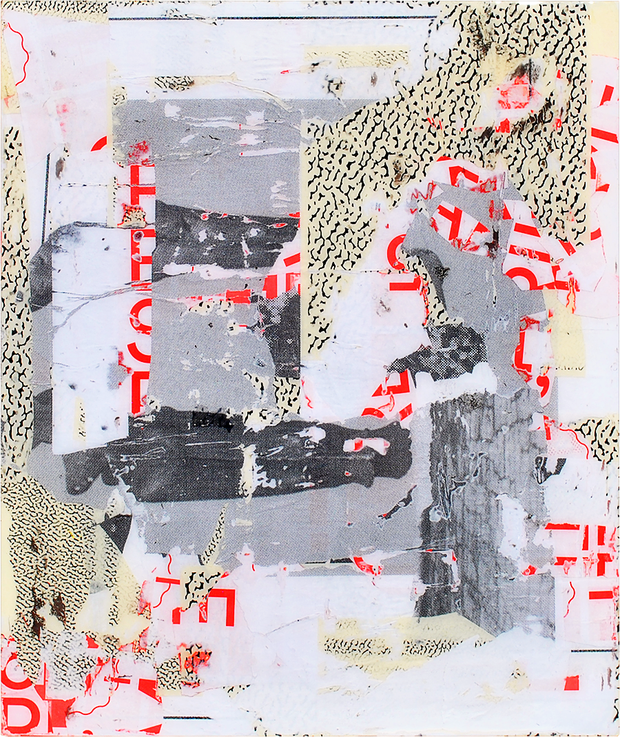 paper scraps and resin on wood