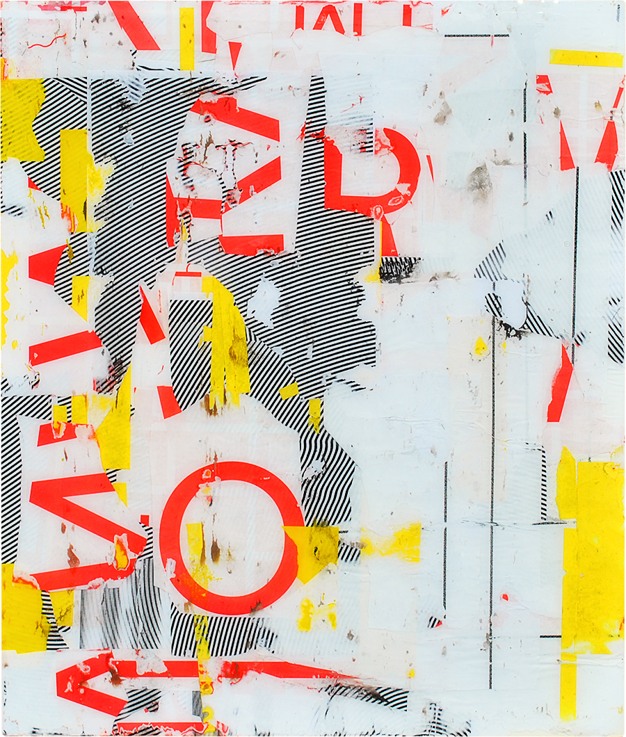 paper scraps and resin on wood