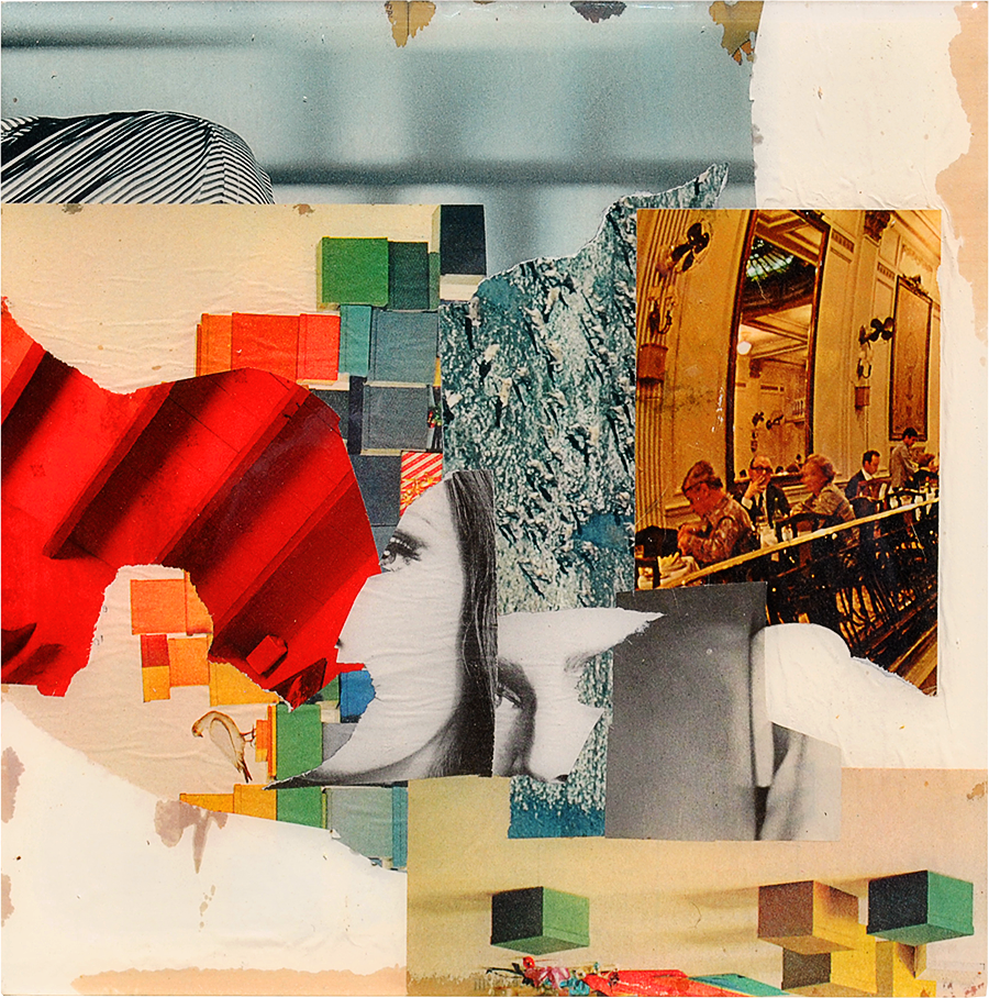 paper scraps and resin on wood