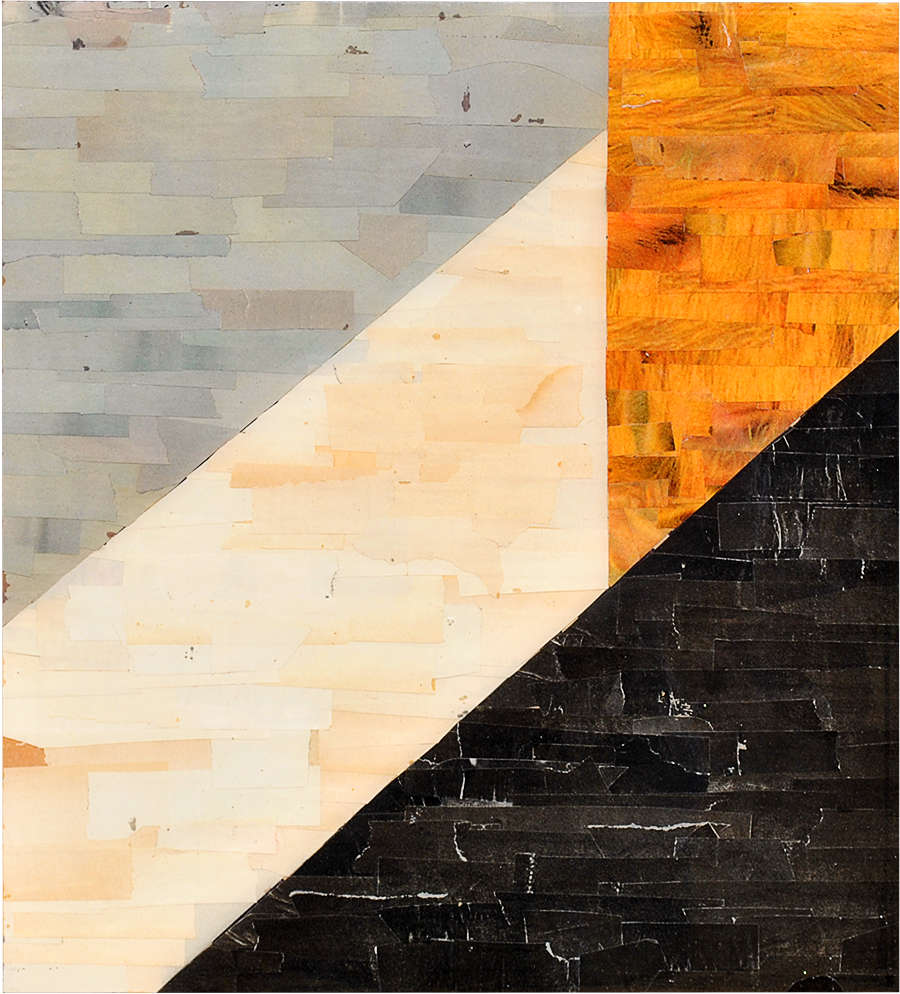 paper scraps and resin on wood