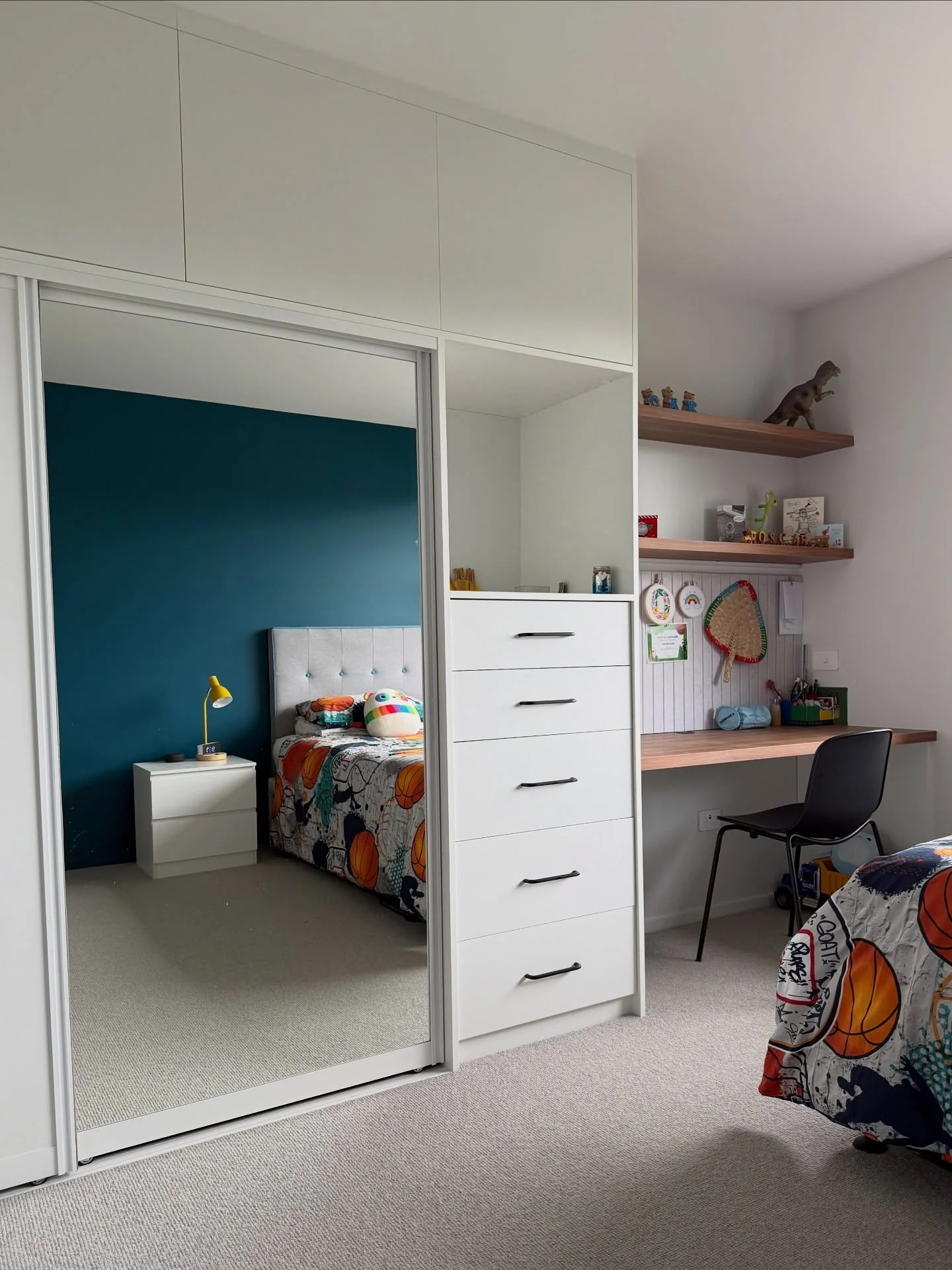 Kids room done right, I love the reflection of the teal blue in the mirror giving you that pop of colour when you enter, it&rsquo;s even better than I&rsquo;d pictured in my head. Keeping the room light and fresh but also ensuring Mr 10 gets a say in