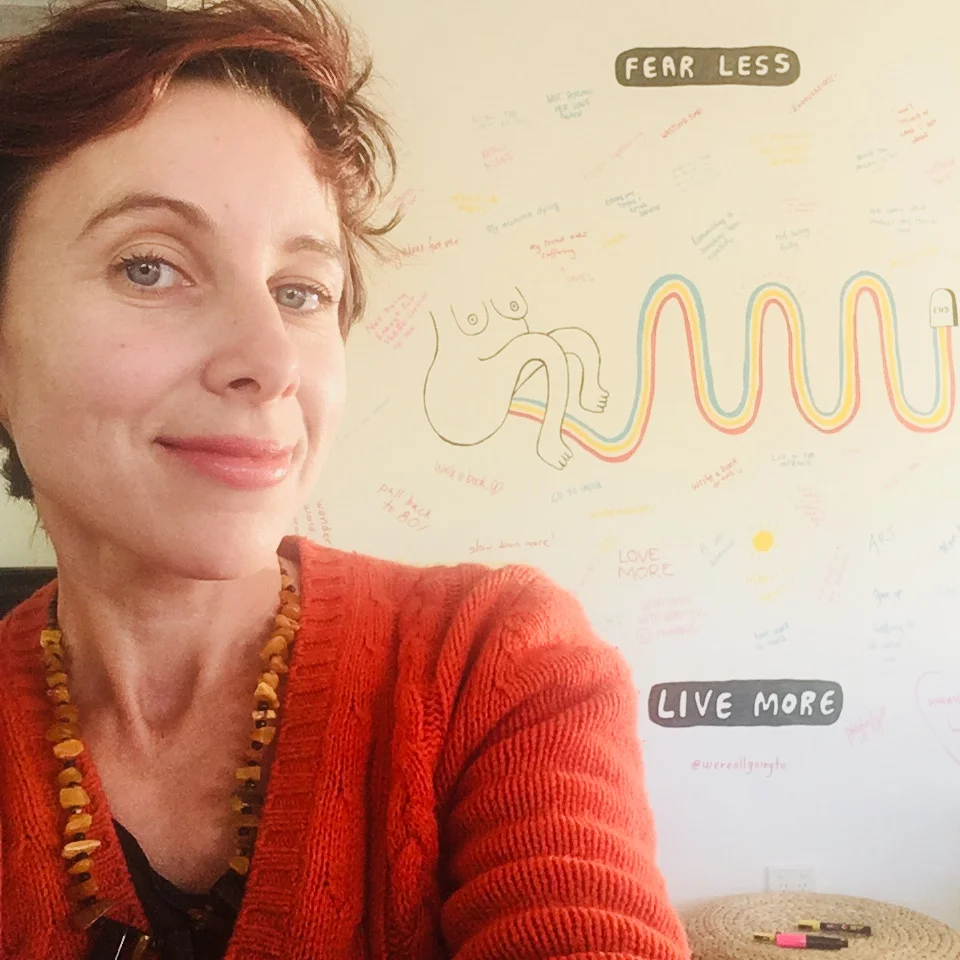 Living more & fearing less at beaut coworking space The Corner Palm , after a powerful morning talk unpacking the fact that We’re All Going To Die . Thanks to Stefan hunt for the discussion and gorgeous mural on show here!