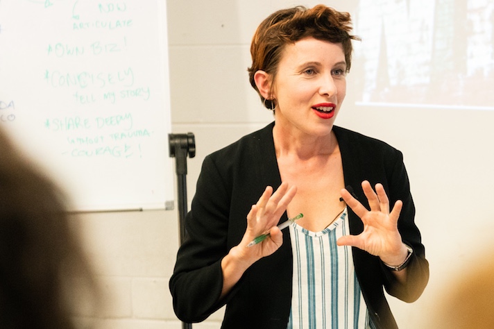 Kathy Gray, Enabling Enterprise founder presenting the storytelling workshop MAKING HERSTORY, 2018. Image courtesy Sophie Saville, #SoSavy , Carli Leimbach & Vibewire.