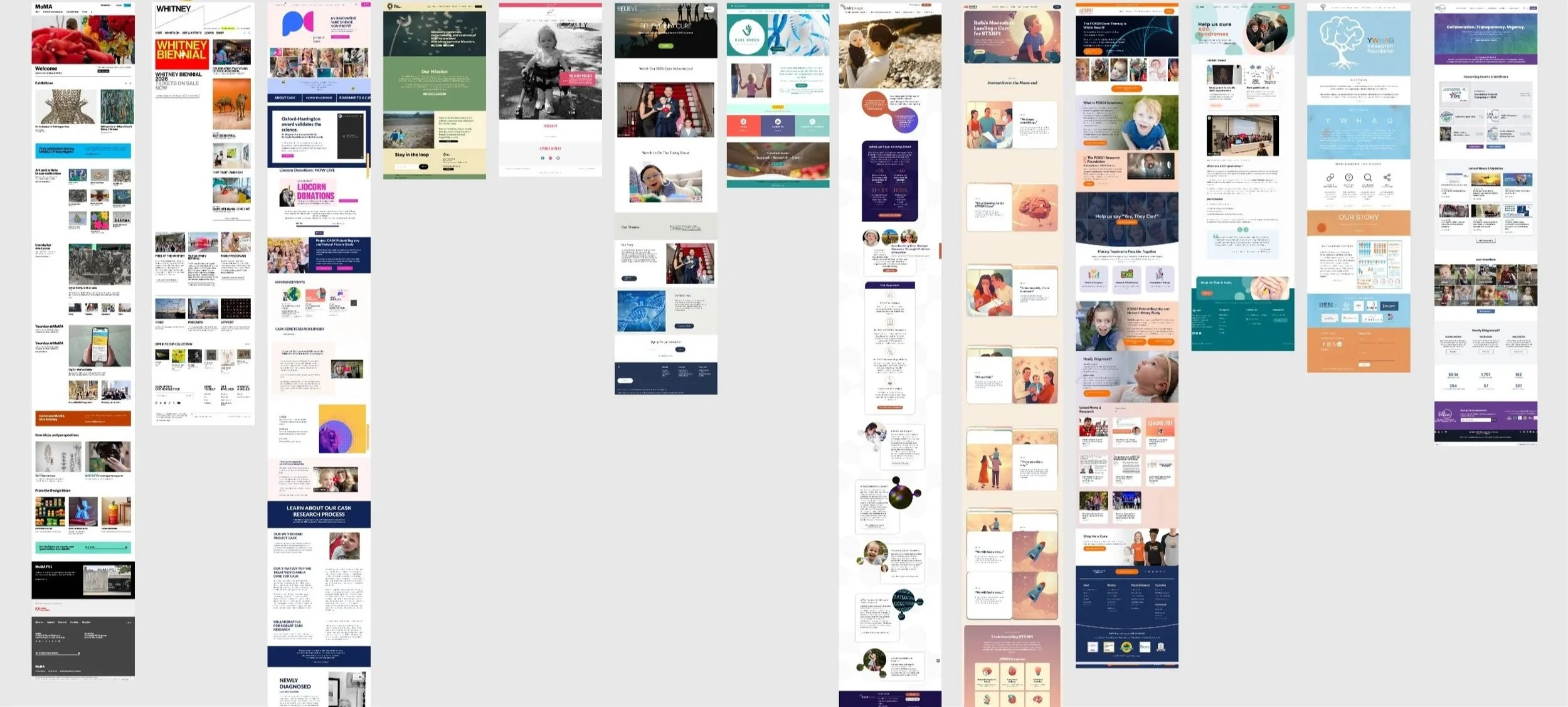 A collage of website page designs from multiple client projects, showing varied layouts, color palettes, and content types
