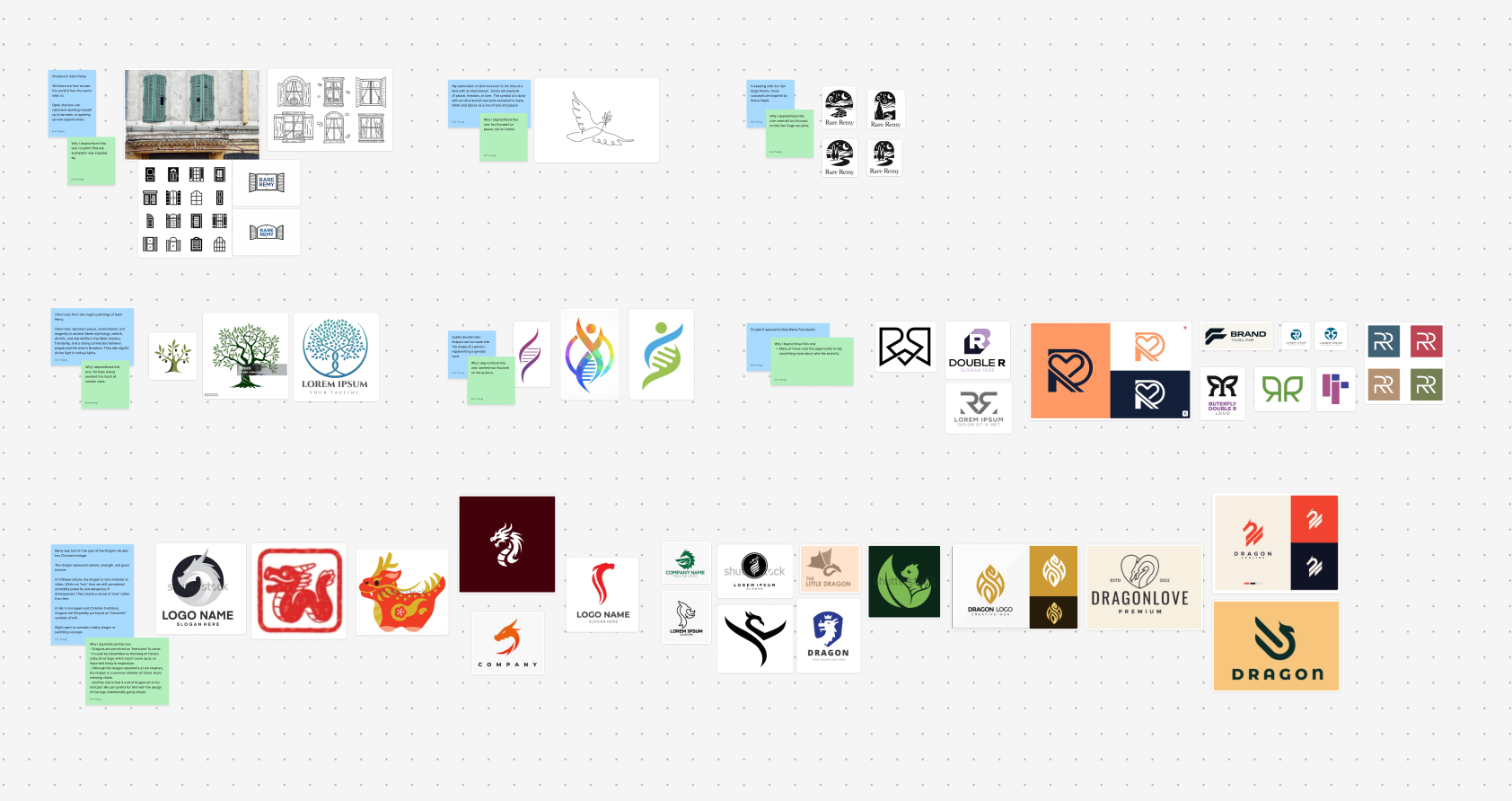 A logo design exploration board with multiple concept variations, including tree, flame, and dragon motifs, grouped with feedback notes