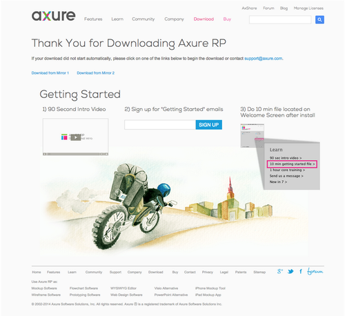 Axure's Thank You for Downloading page provides several options for getting started.