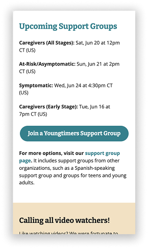 Screenshot of a Youngtimers webpage listing upcoming support group meeting times by category, with a button to join and a link to more support group options