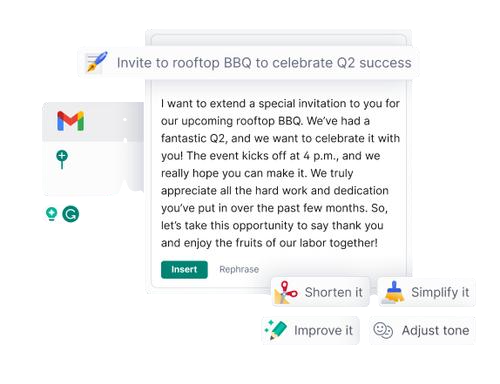 Grammarly's writing assistant in Gmail drafting an invitation, with options to shorten, simplify, improve, or adjust the tone