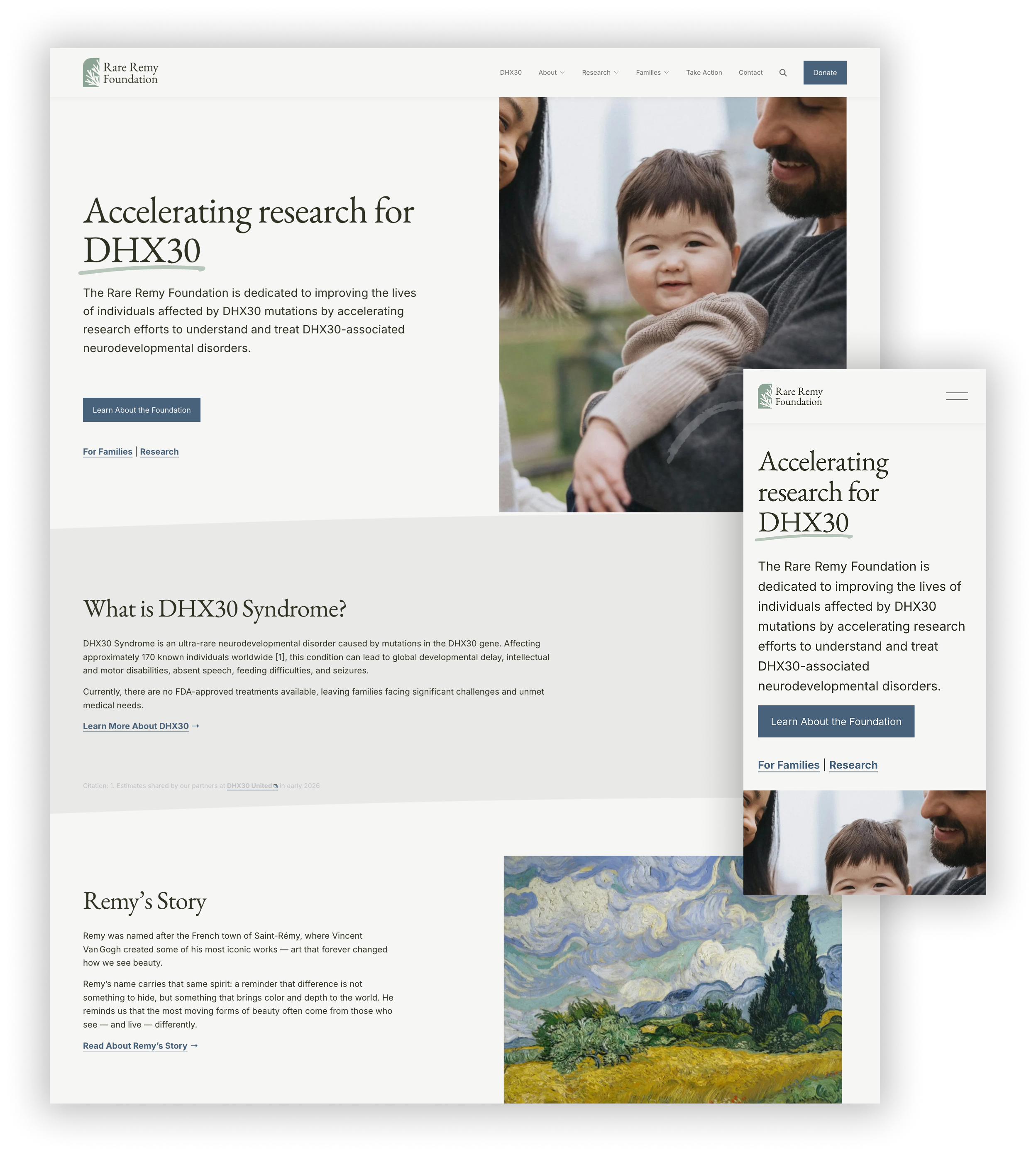 Desktop and mobile views of the Rare Remy Foundation homepage, featuring the DHX30 research mission, family photo, and Remy's story section