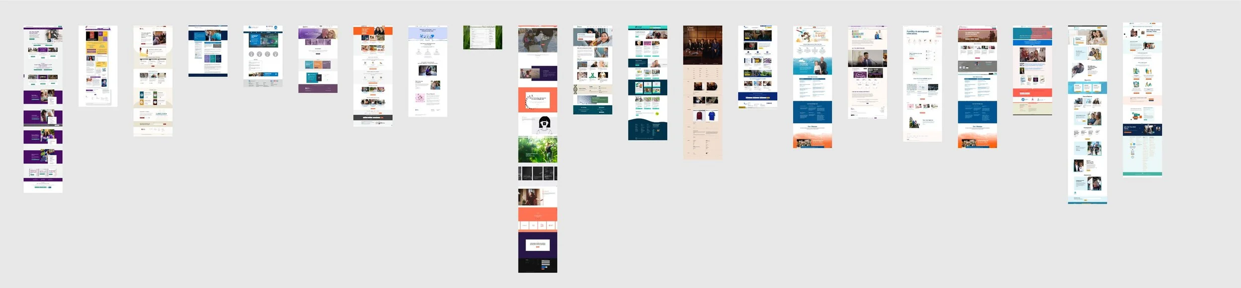 A collage of website page designs from multiple projects, showing varied layouts, color palettes, and page types across different digital products