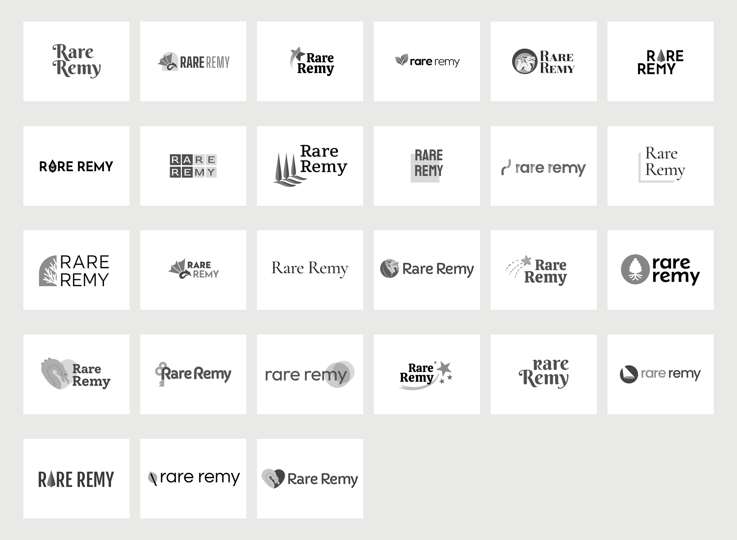 A grid of 23 grayscale logo concept variations for Rare Remy