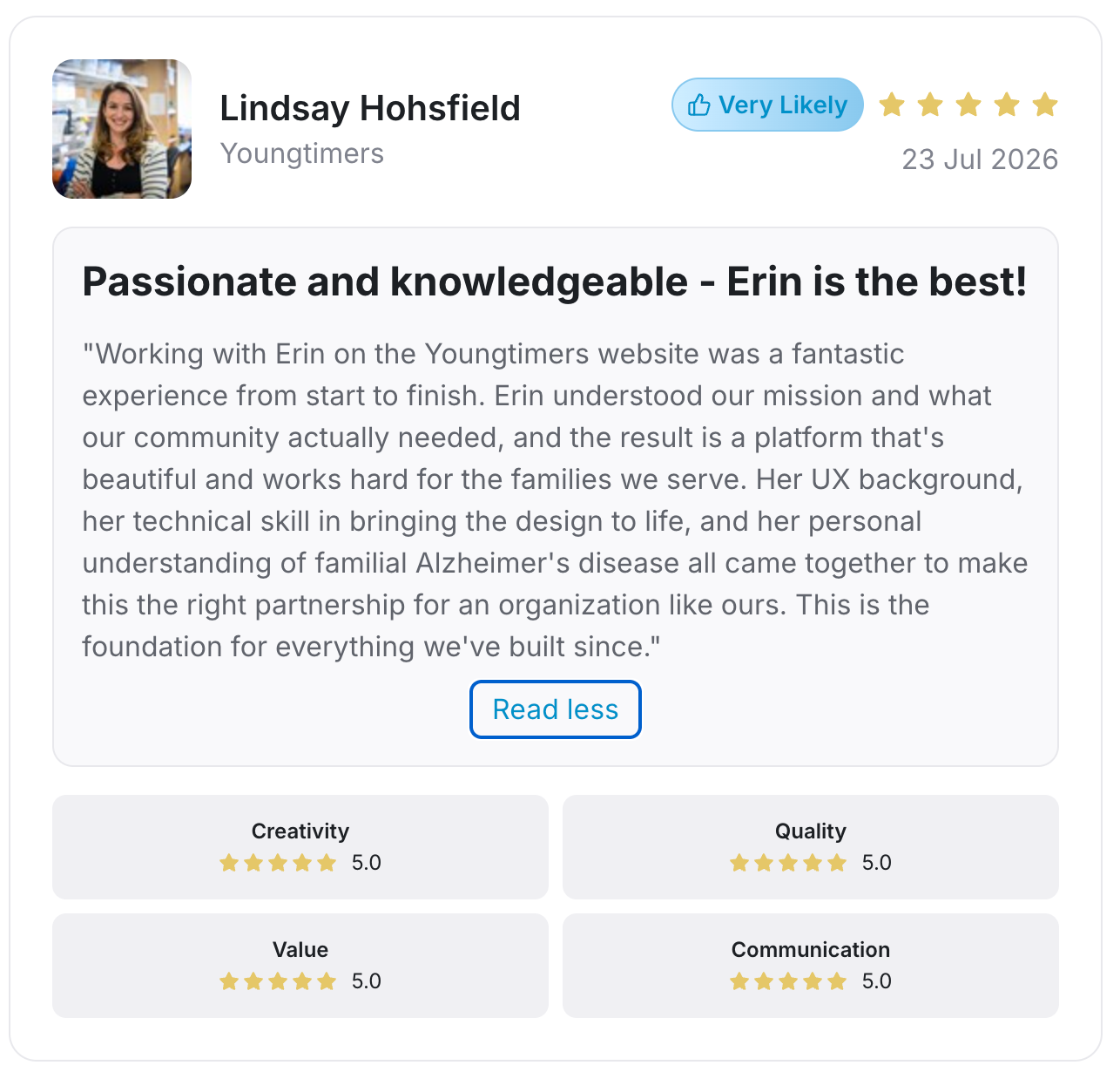 A five-star client review from Lindsay Hohsfield of Youngtimers, rating creativity, quality, value, and communication, with a testimonial about the Youngtimers website project