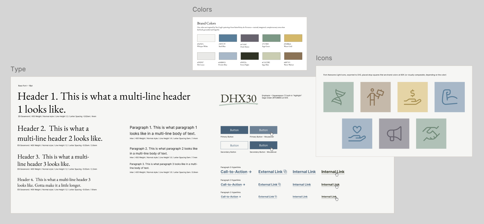 A brand style guide for DHX30, showing color palette, typography, buttons, links, and topic icons