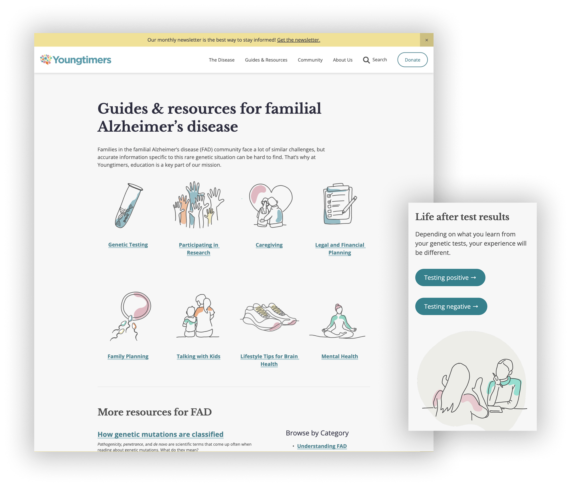 Screenshot of the Youngtimers guides and resources page, with topic icons for genetic testing, caregiving, family planning, and mental health, plus a callout for life after test results