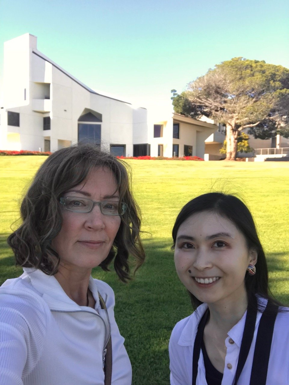  Mira and Rika at UCSB, Faculty Club in background 
