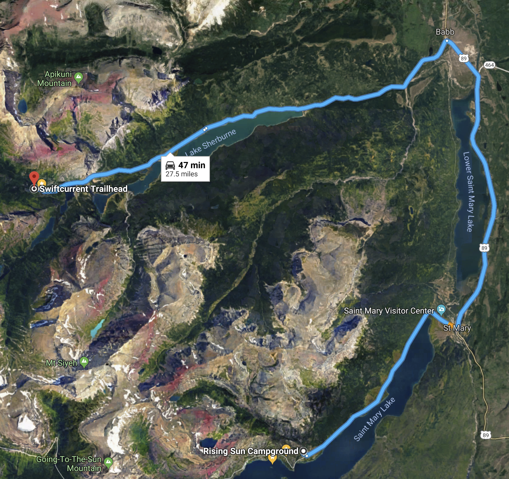 Route from Rising Sun to Swiftcurrent