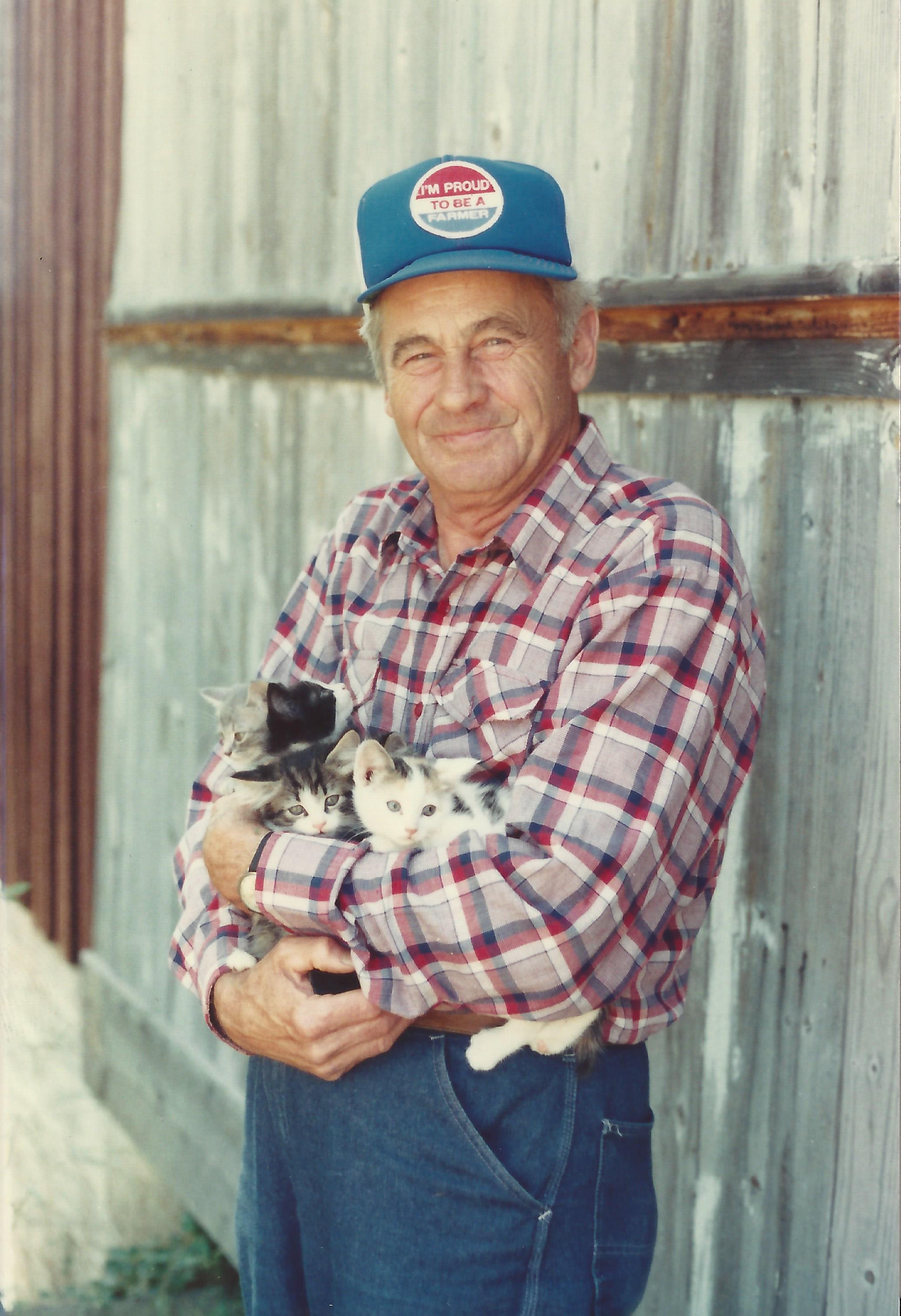 Claire's Grandfather (Pa) with farm kittens