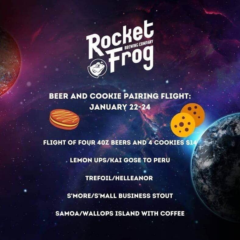This Friday, Saturday, and Sunday make time to enjoy the most delicious pairing of the year Beers and Cookies 🍻 at @rocketfrogbrewing

The tasting includes a flight of four 4oz beers and four different cookies and one sweet froggy 🐸 location (indoo