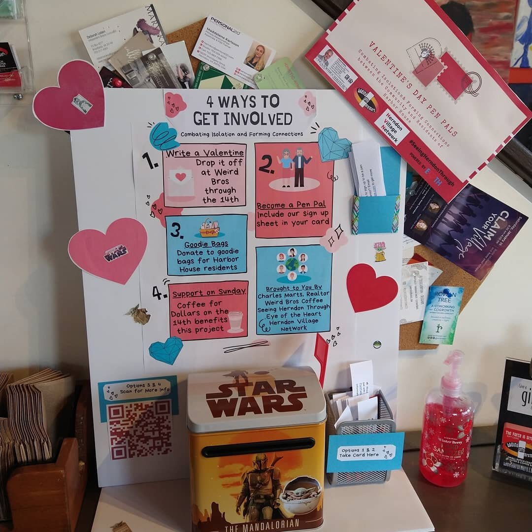 ✍🏾 Are you ready to participate and form connections in your community? Valentine's, Cards, and Goodie Bags is ready for you at both @weirdbroscoffee locations in Herndon. 

💕 Link in bio to learn more! 

#penpals #SeeingHerndonThrough #community #