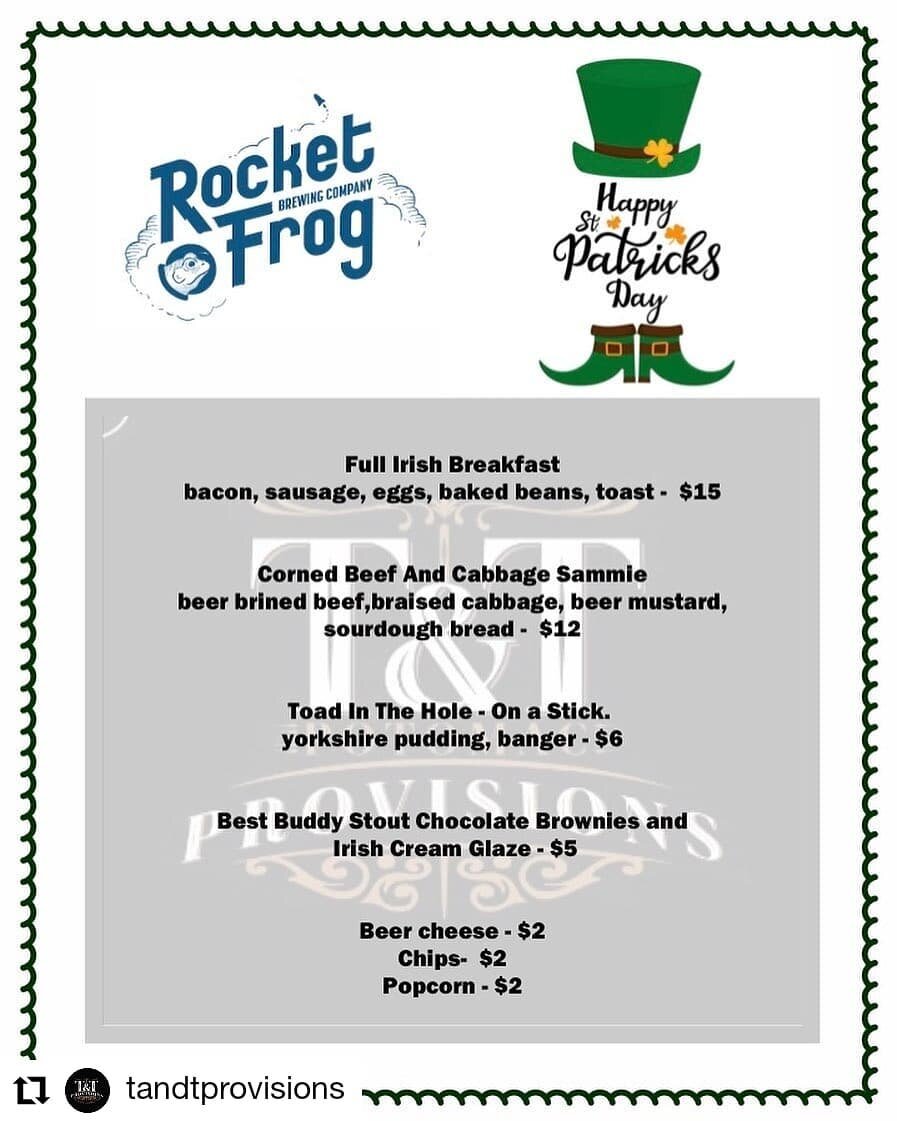 🤤🤤🤤 our mouths are watering already! 

#Repost @tandtprovisions
&bull; &bull; &bull; &bull; &bull; &bull;
Rocket Frog Brewing Company

Come hang with us and @rocketfrogbrewing for a socially distanced st. Patrick&rsquo;s day. $10 reservation ticke