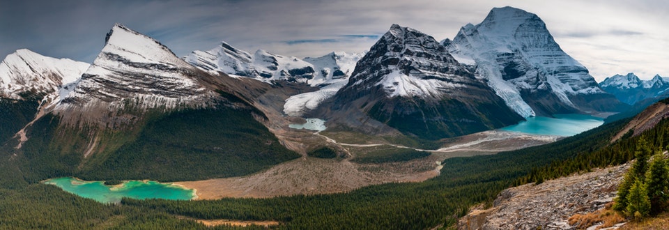 Image from Reddit - Adolphus lake (L), Robson Glacier and Lake (M), Berg Lake (R) from Munn Basin