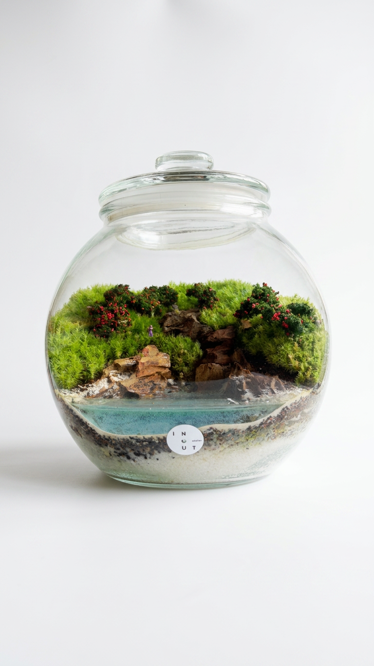 do not remove the logo sticker in the bottom middle of terrarium. remove the reflection on the terrarium glass. do not over expose. remove the background and replace with white studio background with soft light and shadows. do not change an copy 3.png