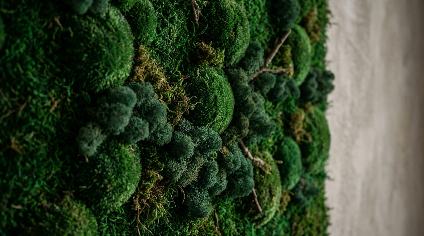 Detailed preserved moss wall texture used in biophilic interior design.