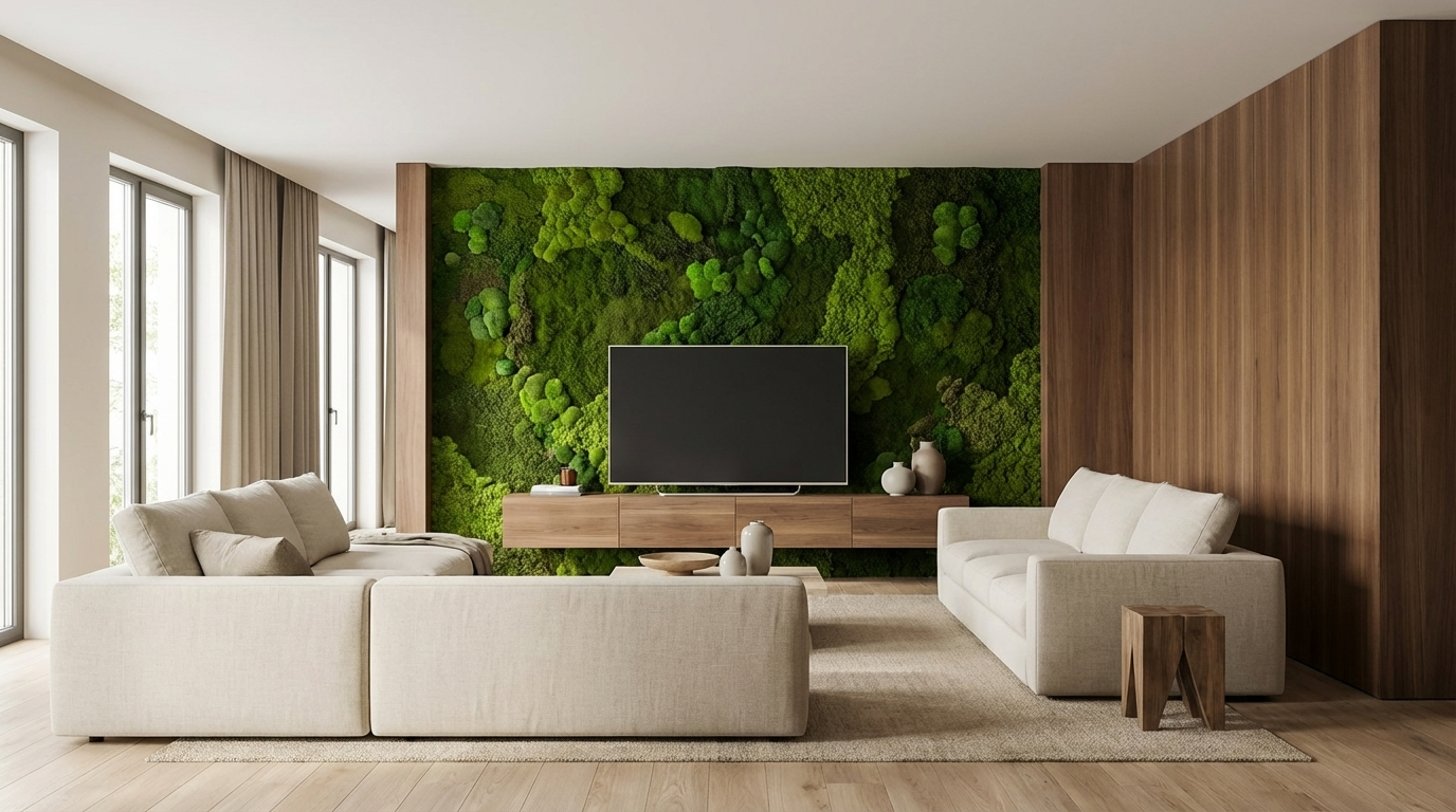 Preserved moss wall interior design feature in modern office space.