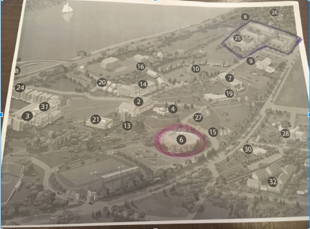 Pink= Basement of Donnelly Blue= Lobbies in New Gartland buildings A and B