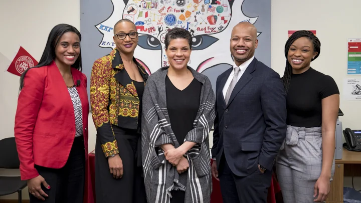 (From left to right) Assistant Professor of Psychology Jocelyn R. Smith Lee, Assistant Professor of Public Administration Tia Sherèe Gaynor, guest speaker Michelle Alexander, Assistant Professor of Criminal Justice Addrain Conyers, and Bryanna Adams '17. Photo Courtesy of Marist College .