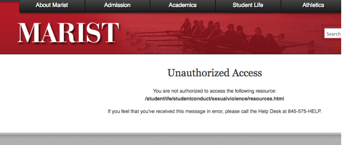 The page titled "Sexual Violence Resources" is unavailable. 
