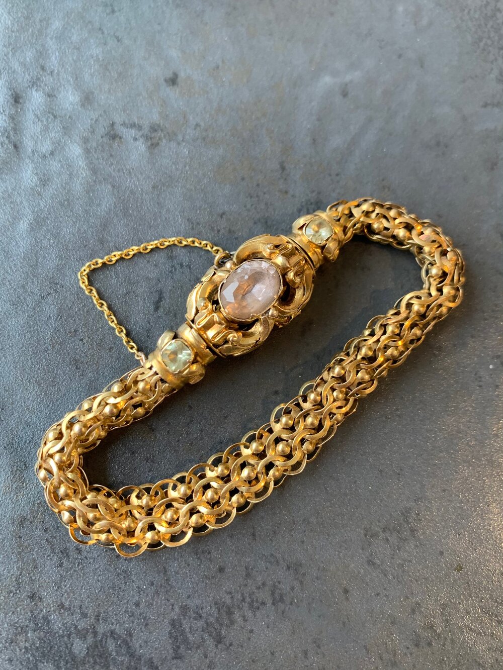 Georgian yellow gold pink and yellow topaz mesh link old locket back  bracelet — Gembank1973