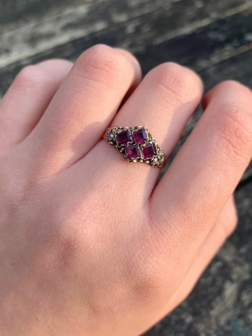 Vintage garnet and clearance pearl ring