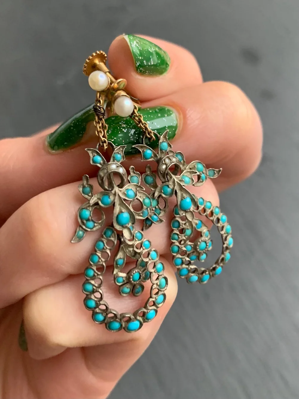 Antique turquoise and pearl drop screw back earrings Gembank1973