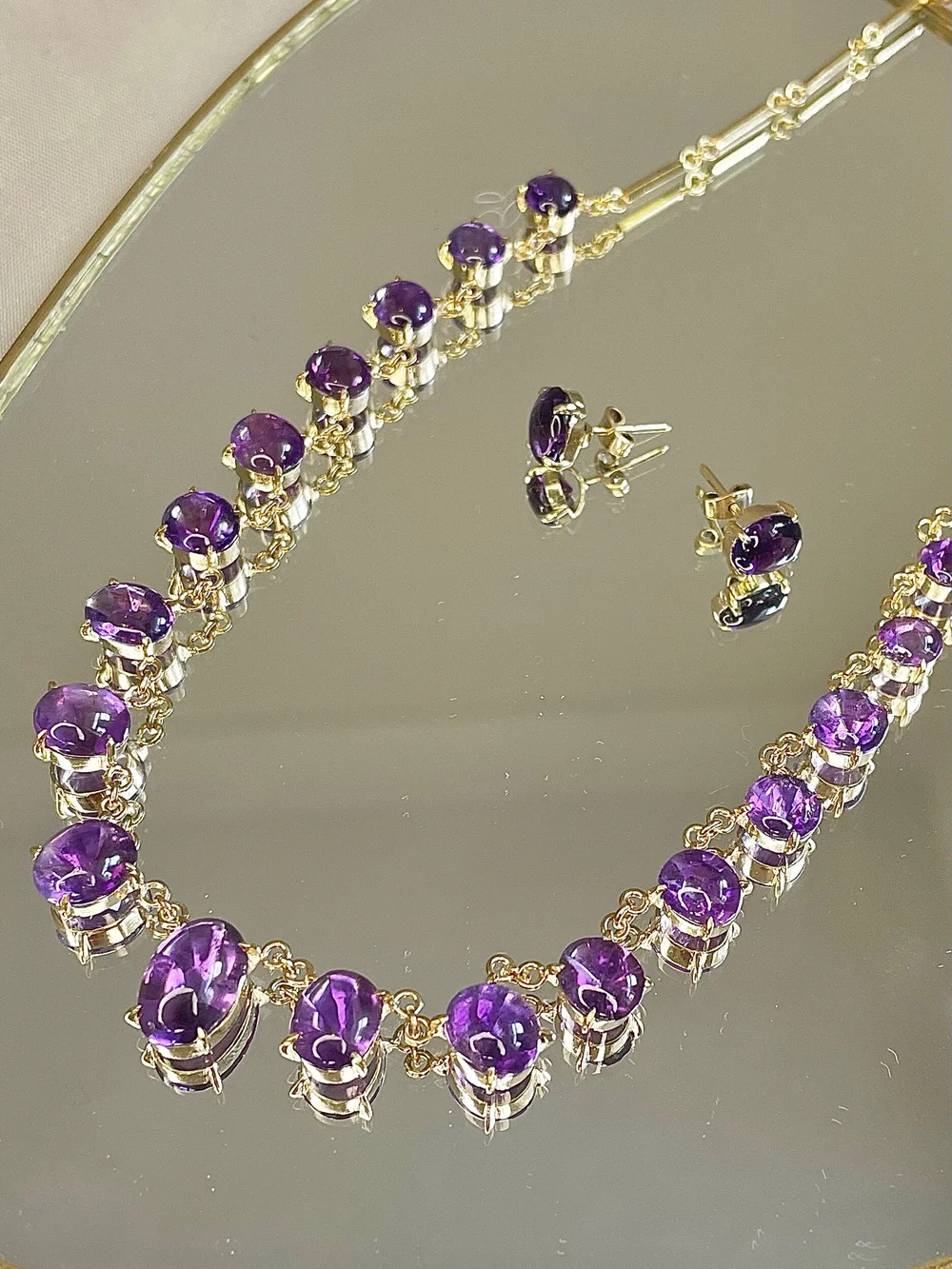 Antique Cabochon Amethyst necklace and Earrings Set Gembank1973